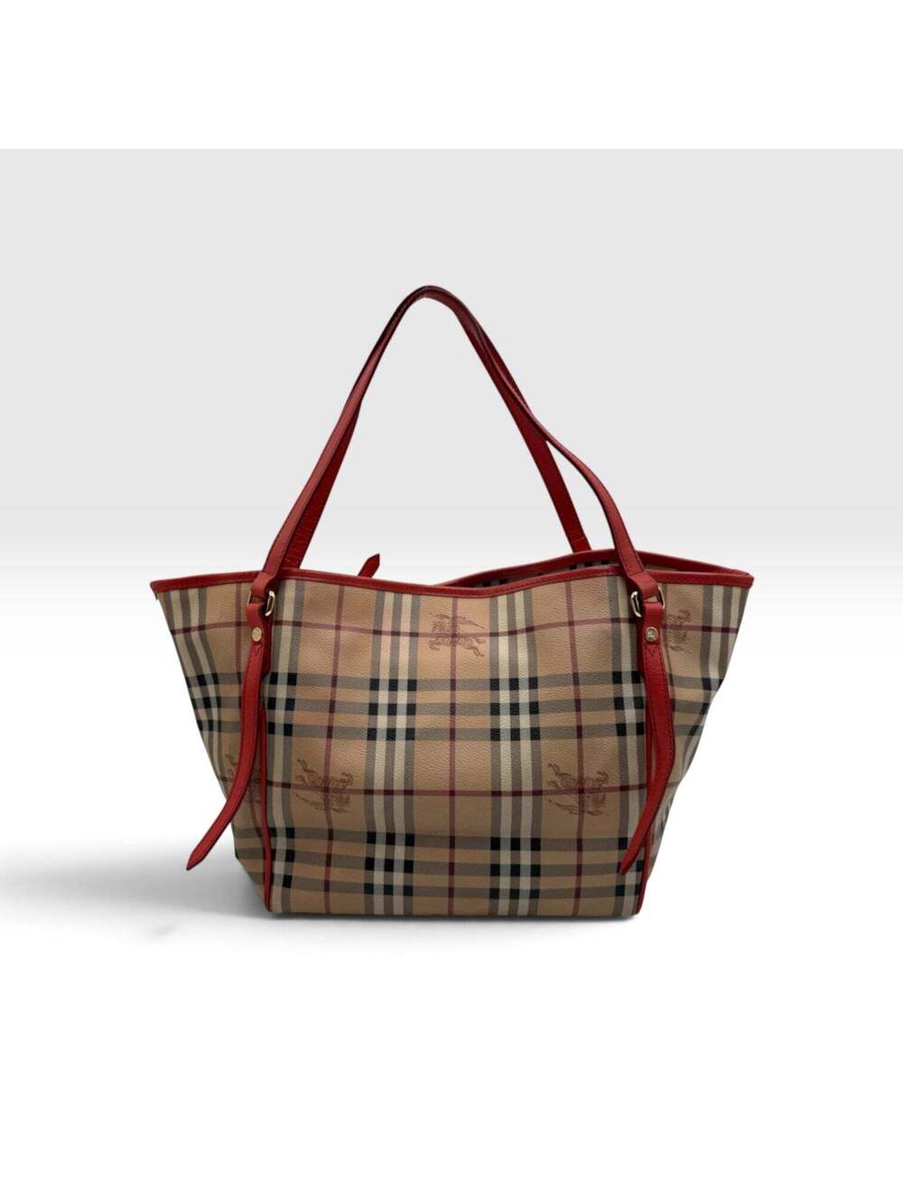 Burberry Haymarket Check Large Shopper Tote with Red Leather Trim